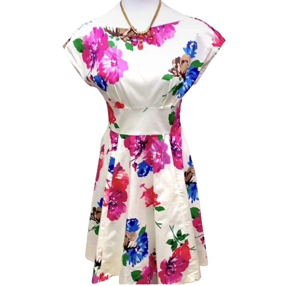 kate spade White Floral Fit-and-Flare Dress with Pink, Blue & Green Print